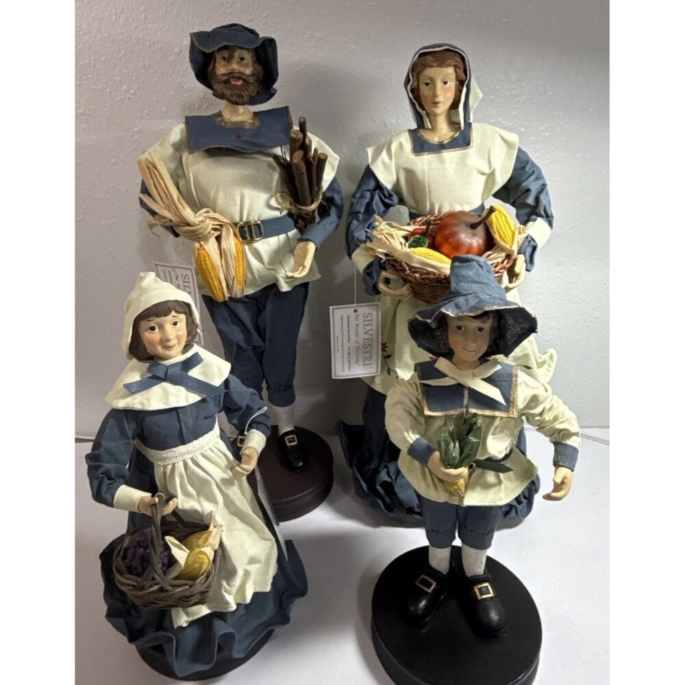 Lot of 4‎ Vintage Silvestri Paper Mache Pilgrim Family Figures - Thanksgiving